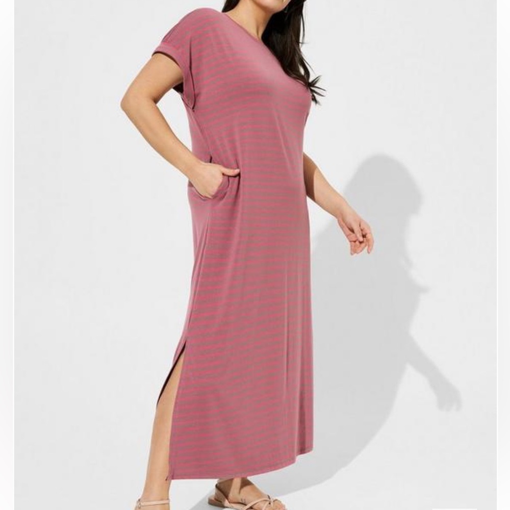 Torrid Tea Length Jersey Rolled T-Shirt Dress Size Large Striped pink NWT - Picture 2 of 6